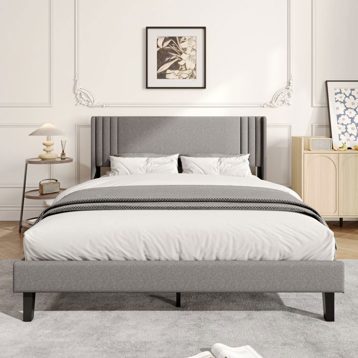Lit double - Lin gris - 160x200 cm - Sommier à lattes inclus - Tête de lit capitonnée