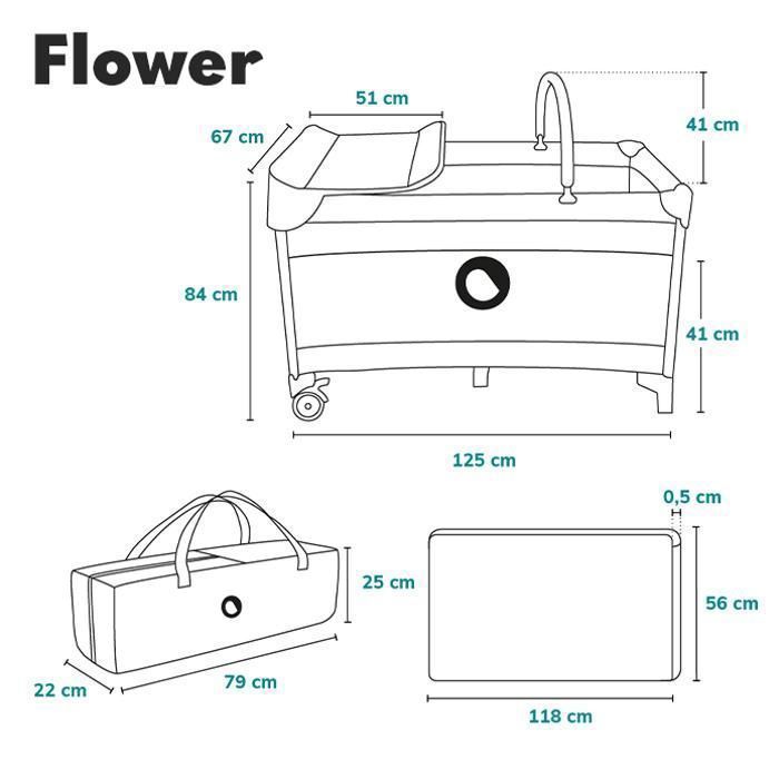 LIONELO Flower 3-in-1 kompakti matkasänky - Vauvan leikkikehä - 0-36 kuukautta - Kantolaukku - Nopeasti taittuva - Pyörät - Beige