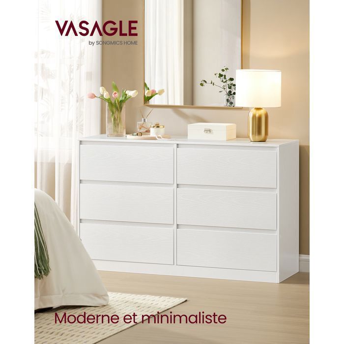 VASAGLE Kailyn Kollektion – Kommode mit 6 Schubladen, Aufbewahrungsschrank, Kleiderständer, 40 x 119,4 x 75 cm, Schneeweiß