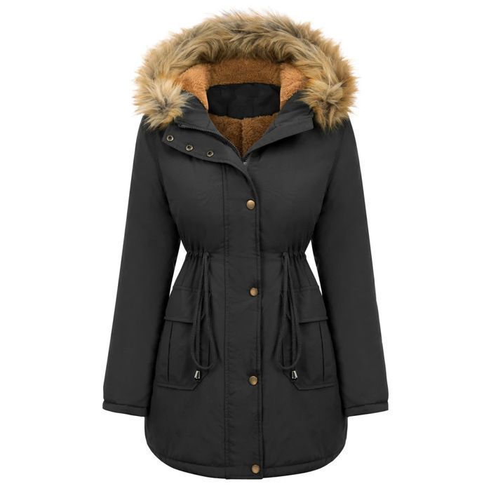 Chaqueta acolchada de estilo chic para mujer, con cremallera, corta y capucha, elegante cuello de piel, cálida para el invierno.