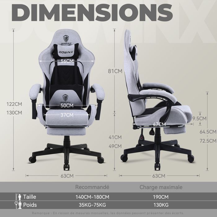 Spillstol - Dowinx - Ergonomisk - Linstøtte - Fotstøtte - Svart og grå