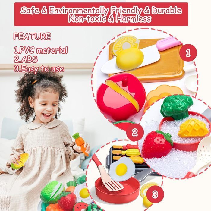 Accessoire Cuisine Enfant,Jouet de Jeu de Rôle de Chef pour Enfants,Avec Casseroles et Poêles,Aliment Jouet（81pcs）