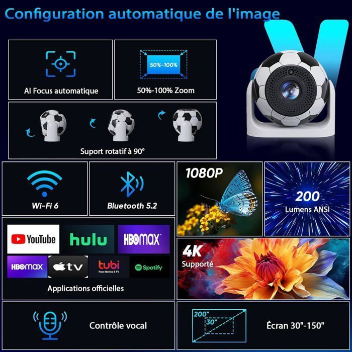 Mini vidéoprojecteur portable - SUTEO - Bluetooth 5.2 - Supporte 4K - 1080P - Mise au point automatique
