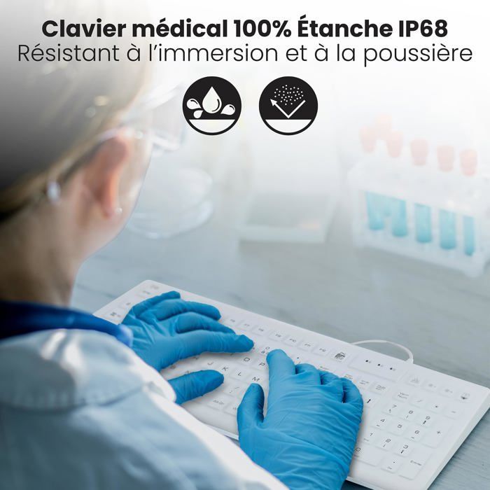 Teclado médico con cable - T'nB - Resistente al agua IP68 - Retroiluminado - Teclado francés AZERTY - Resistente al polvo
