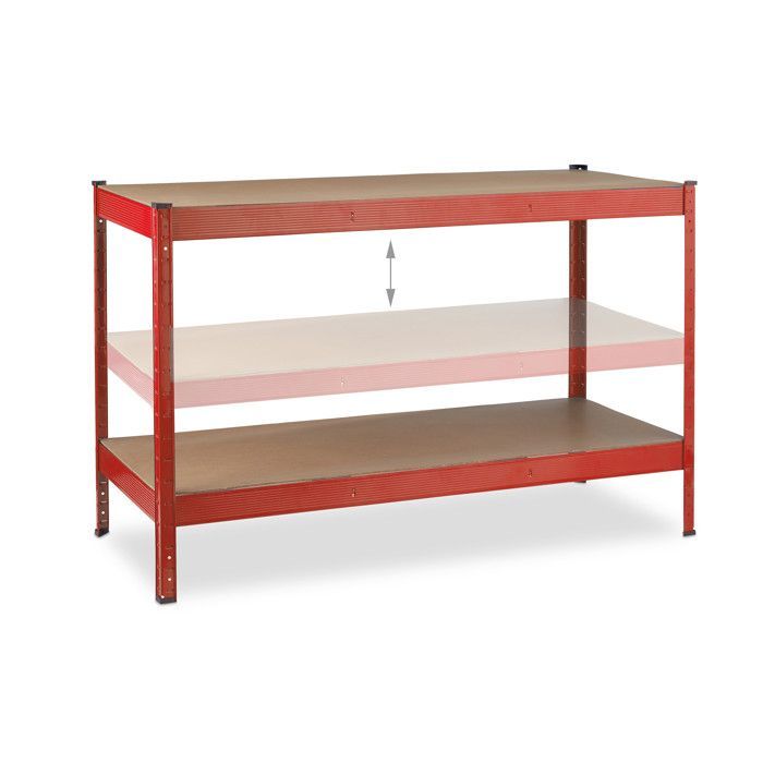 Banco de trabajo Relaxdays, 600 kg, Alto x Ancho x Profundidad: 91 x 141 x 61 cm, 2 niveles ajustables, tablero de mesa, acero y MDF, banco de trabajo, rojo