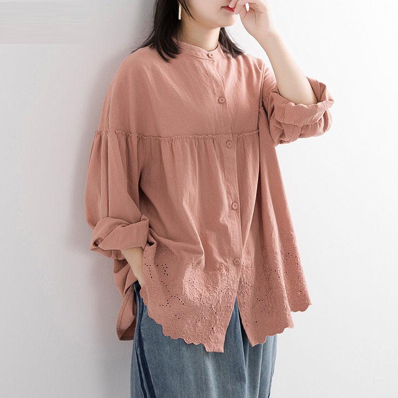 Chemisiers amples à manches longues pour femmes, style printemps, broderie vintage, en coton et lin, grandes tailles S692