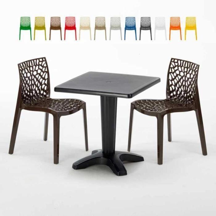 Table Carrée Noire 70x70cm Avec 2 Chaises Colorées Grand Soleil Set Bar Café Gruvyer Aia - Marron