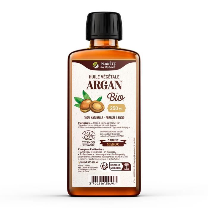 Huile d'Argan Bio - 250ml - Qualité alimentaire - Non testée sur les animaux - Vegan