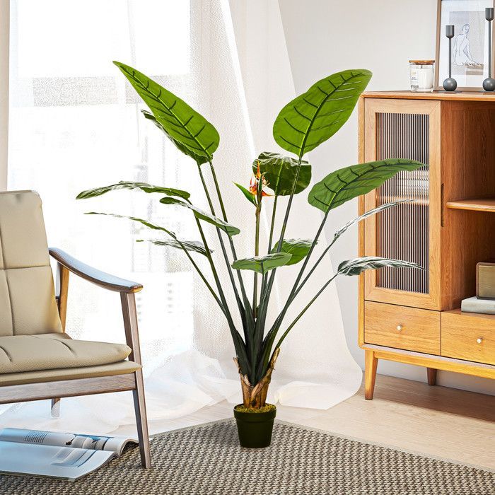 Planta artificial - HOMCOM - Strelitzia ave del paraíso, 13 hojas, 2 flores, diseño realista, maceta incluida - plástico - 1,80 m