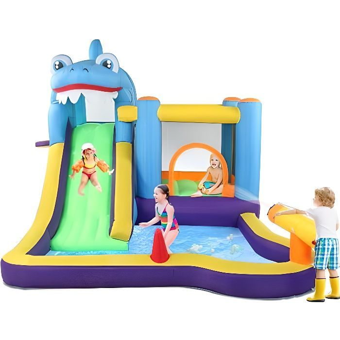 XXL opblaaskasteel met haaienthema voor kinderen, multifunctioneel, 550W blower, glijbaan, springgedeelte, klimwand + Oxford-stof