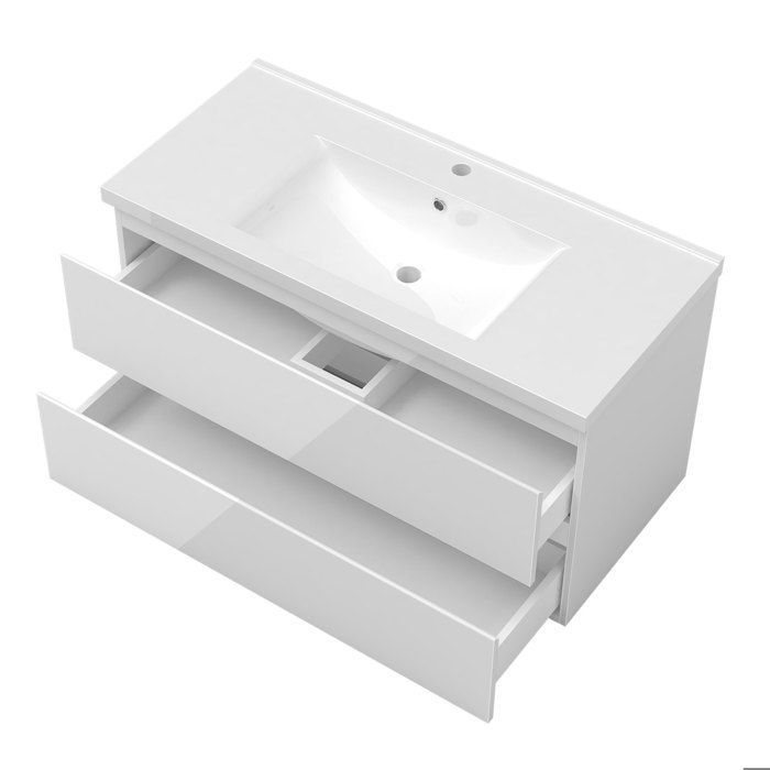 AICA 100cm Glossy White Bathroom Vanity Unit with 2 Soft-Close Drawers and Single Ceramic Basin