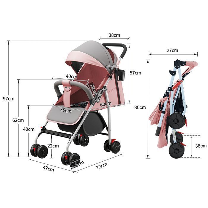 Passeggino XUANYU - Fino a 22 kg, reclinabile, pieghevole con portabicchiere, parapioggia, cestino portaoggetti XL - Rosa