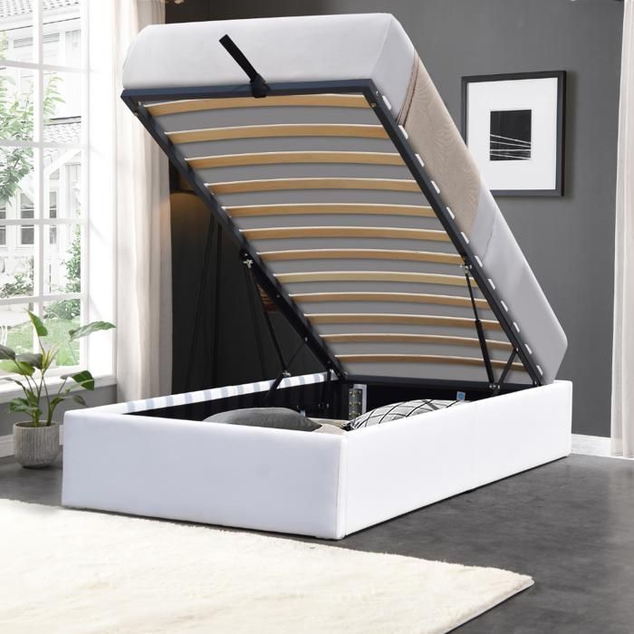 Cama con almacenamiento - NOCHE DORADA - Manon - 90x200 cm - 12 listones - Funda de PVC de piel sintética