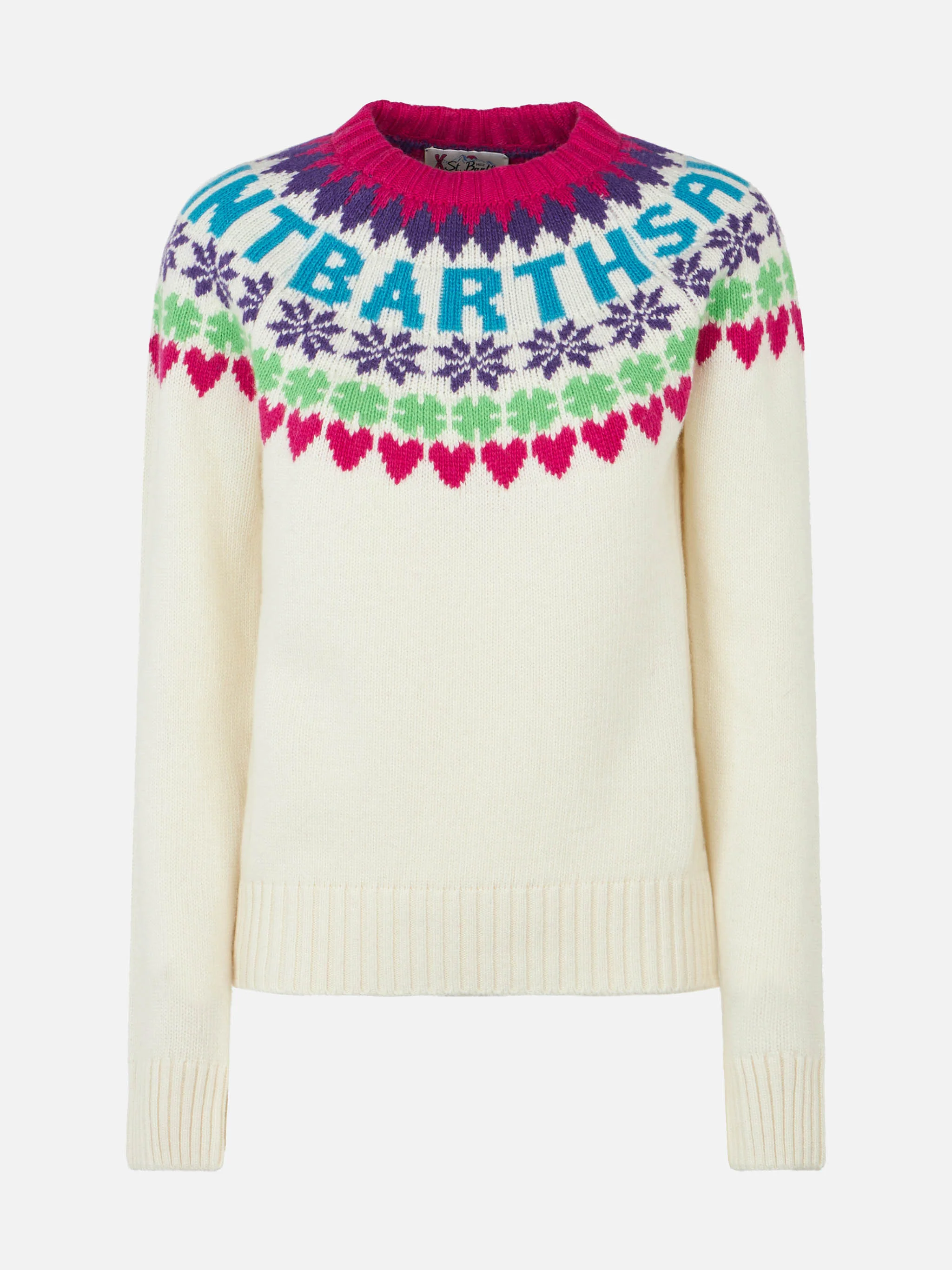 Witte Fair Isle damestrui met ronde hals en hartjesprint