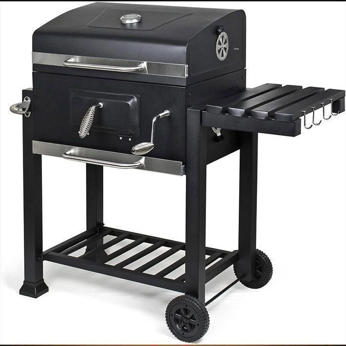 Houtskoolbarbecue met deksel, onderstel, verstelbare houtskoolbak, 2 zijplanken, zwart