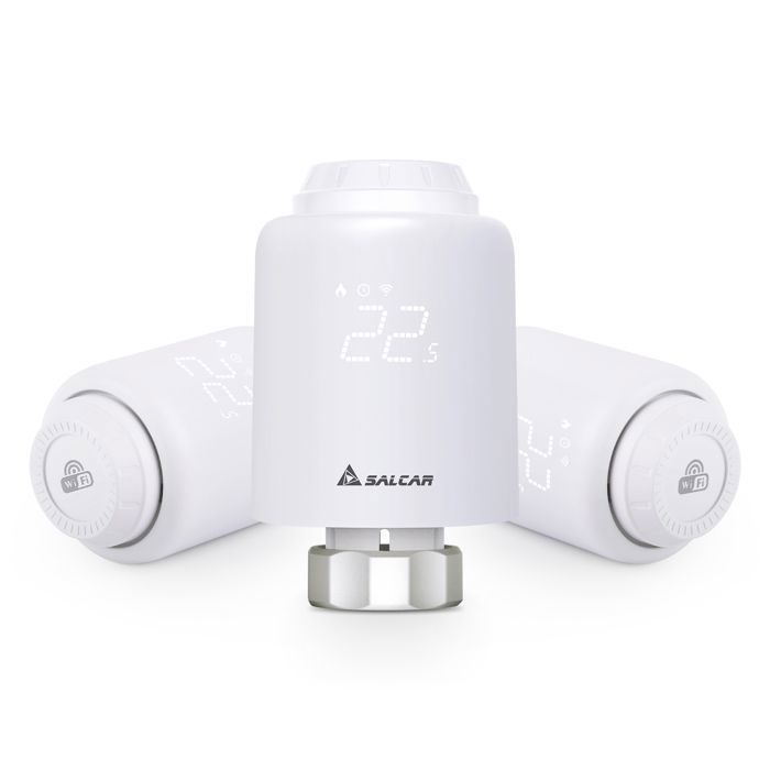 Paquete de 3 válvulas termostáticas para radiadores SALCAR con conexión WiFi, compatibles con Amazon Alexa y Google Assistant.