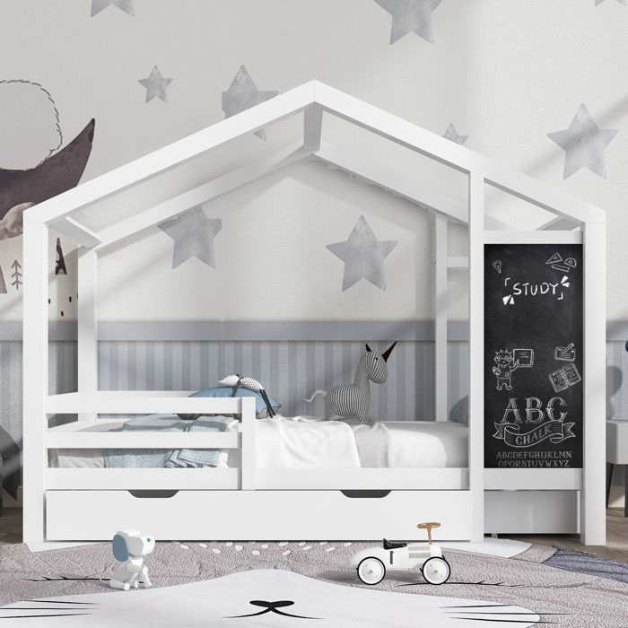 Letto a castello per bambini 90x200cm - MODERNLUXE - Bianco - Con lavagna e 2 cassetti