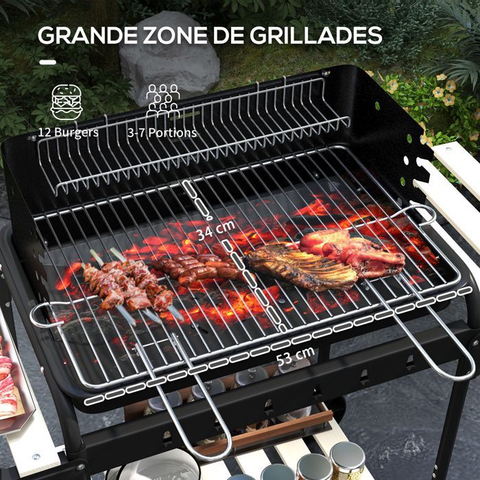 Barbecue a carbone con supporto e griglia regolabile.