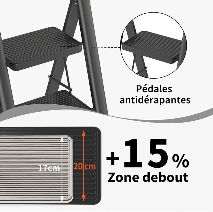 Escalera plegable de 3 peldaños con almohadillas de goma antideslizantes, capacidad de carga de 150 kg, color negro.