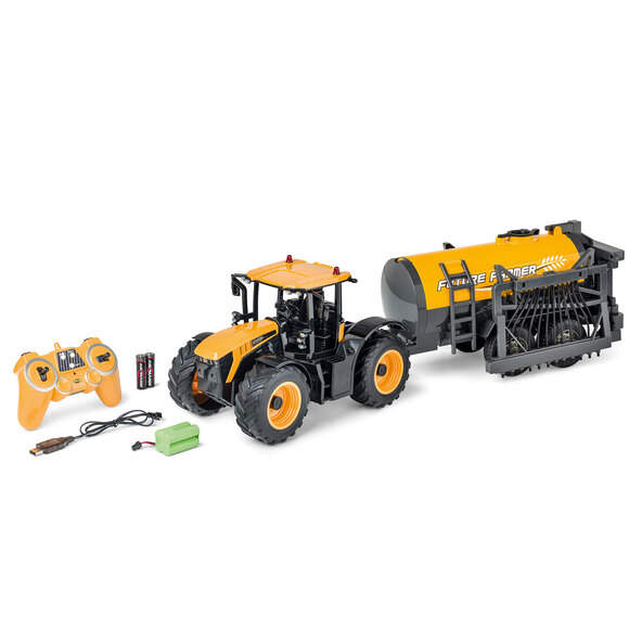 Fjärrstyrd JCB-traktor + tankbil, gul (1:16)