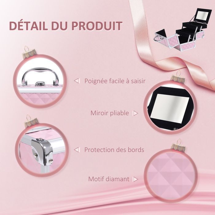 Estuche de maquillaje - HOMCOM - productos de belleza, 3 niveles, espejo, cerradura, 2 llaves - aluminio - 20x15x15cm - rosa