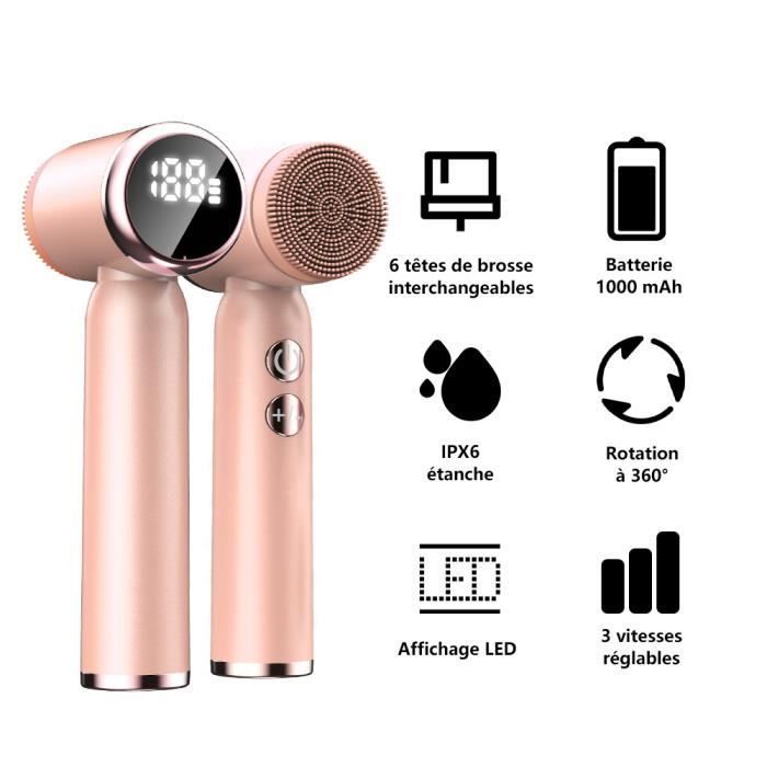 Brosse nettoyante pour le visage, épurateur électrique 6 en 1 pour le visage, rechargeable, étanche IPX6, avec 6 têtes de brosse