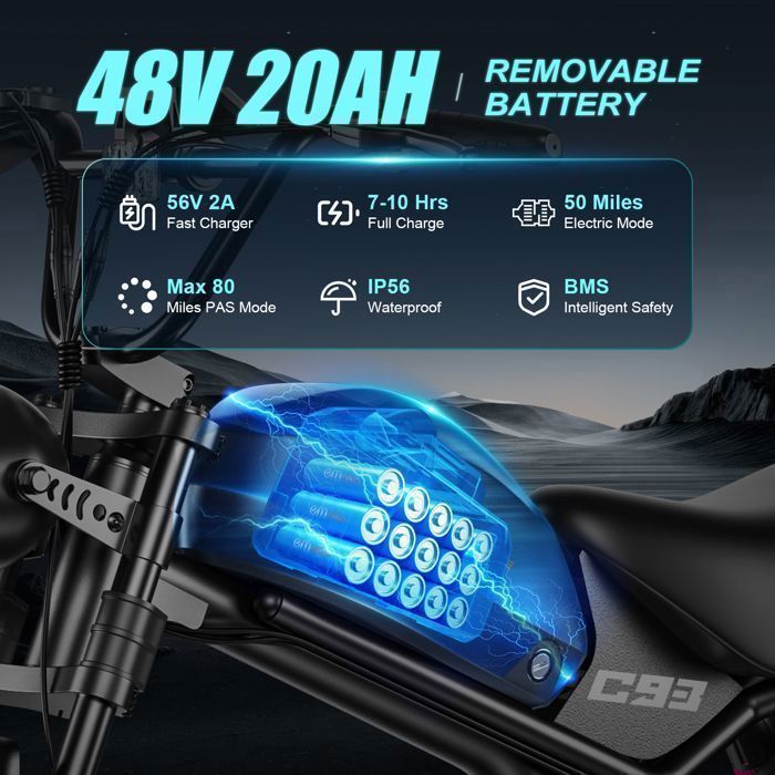 Vélo Electrique Emoko C93, Moteur 1000W, Batterie 20AH, Roues de 20 Pouces, Vitesse Max 55 km/h, Autonomie Max 75 km, Siège Marron