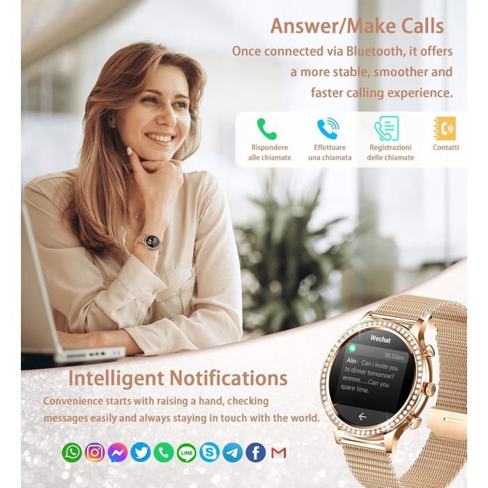 Runde Damen-Smartwatch mit Bluetooth-Anruffunktion, IP67-zertifizierte Smartwatch mit femininen Funktionen, Herzfrequenzmesser, Schlafüberwachung [S464]