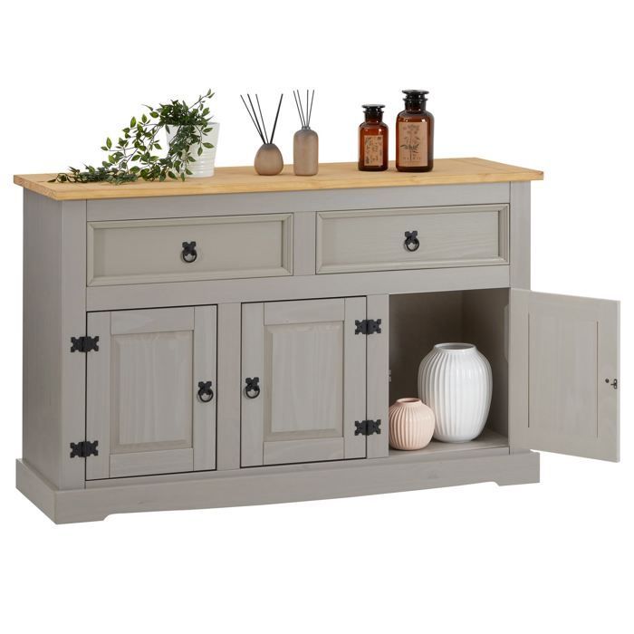 Aparador de comedor TEQUILA, 133 cm de ancho, madera maciza gris con 3 puertas y 2 cajones, unidad de almacenamiento baja.