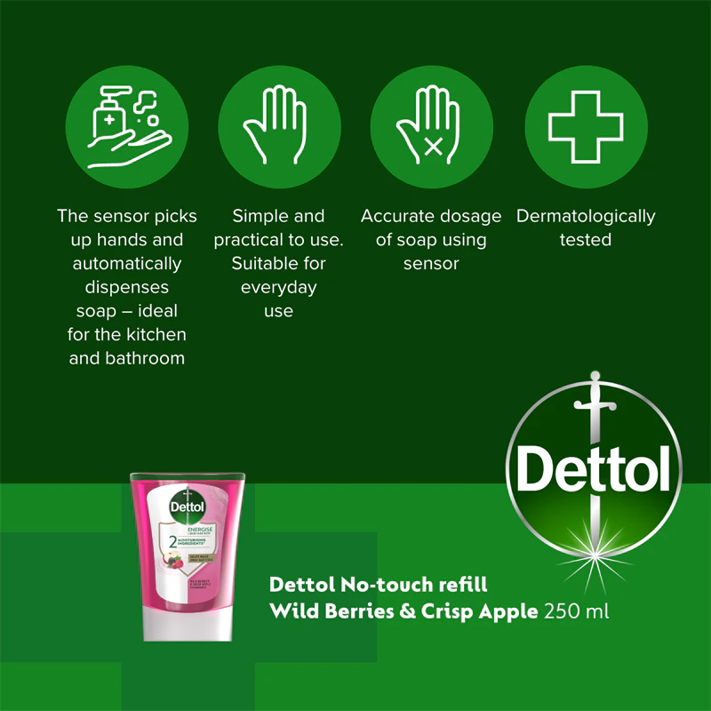 Refil para Dispensador de Sabonete Líquido Dettol Energise, Aroma de Frutas Silvestres e Maçã Crocante, sem Toque