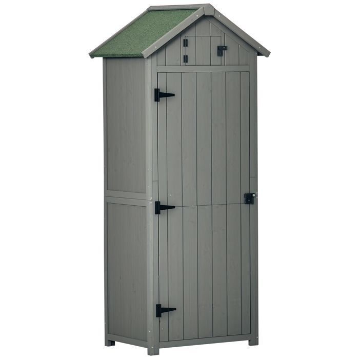 Caseta de jardín Outsunny - cobertizo para herramientas con 3 estantes, 2 puertas, techo de betún, almacenamiento exterior - madera - 77x54x179cm - gris