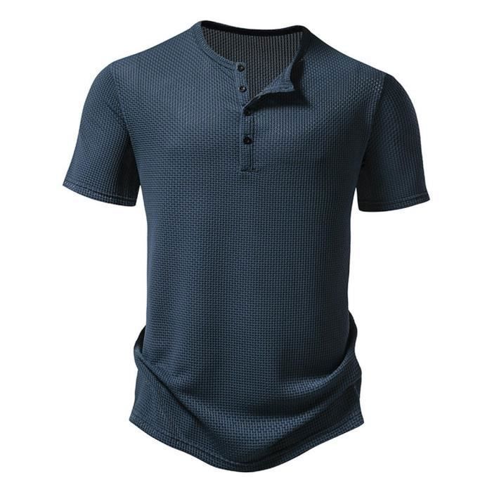 T-shirt Henley da uomo a vestibilità regolare, girocollo estivo, blu - INSFITY - Taglia UE - Nylon - Elastan