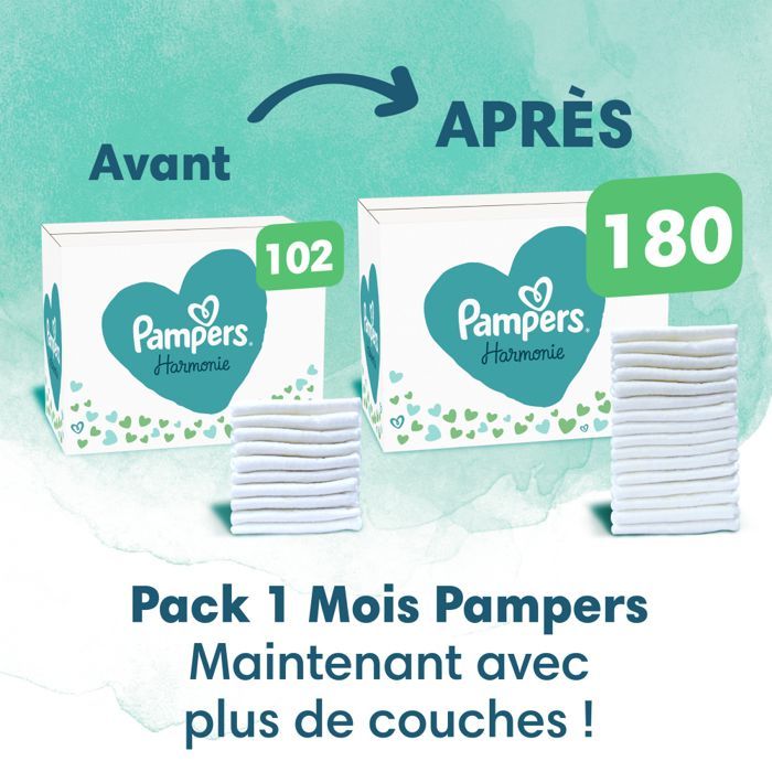 Pañales Pampers Harmonie Talla 1, 180 pañales, paquete de 1 mes para bebés de 2 kg a 5 kg