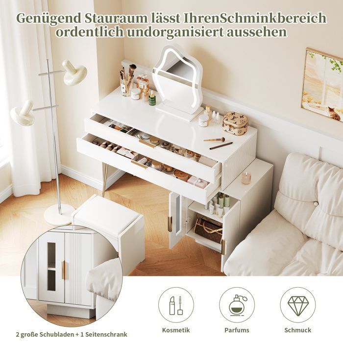 Tavolo da trucco Lemonbest con specchio a LED 100 x 40 x 78 cm, tavolo da trucco moderno con 2 cassetti e 2 ante - Bianco
