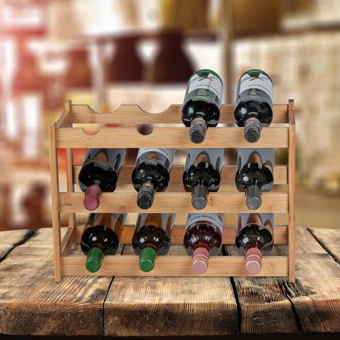 Relaxdays Rangement bouteilles de vin, 12 emplacements, bambou, HxLxP: 30 x 45 x 23,5 cm, non fixe, cuisine, bar, nature