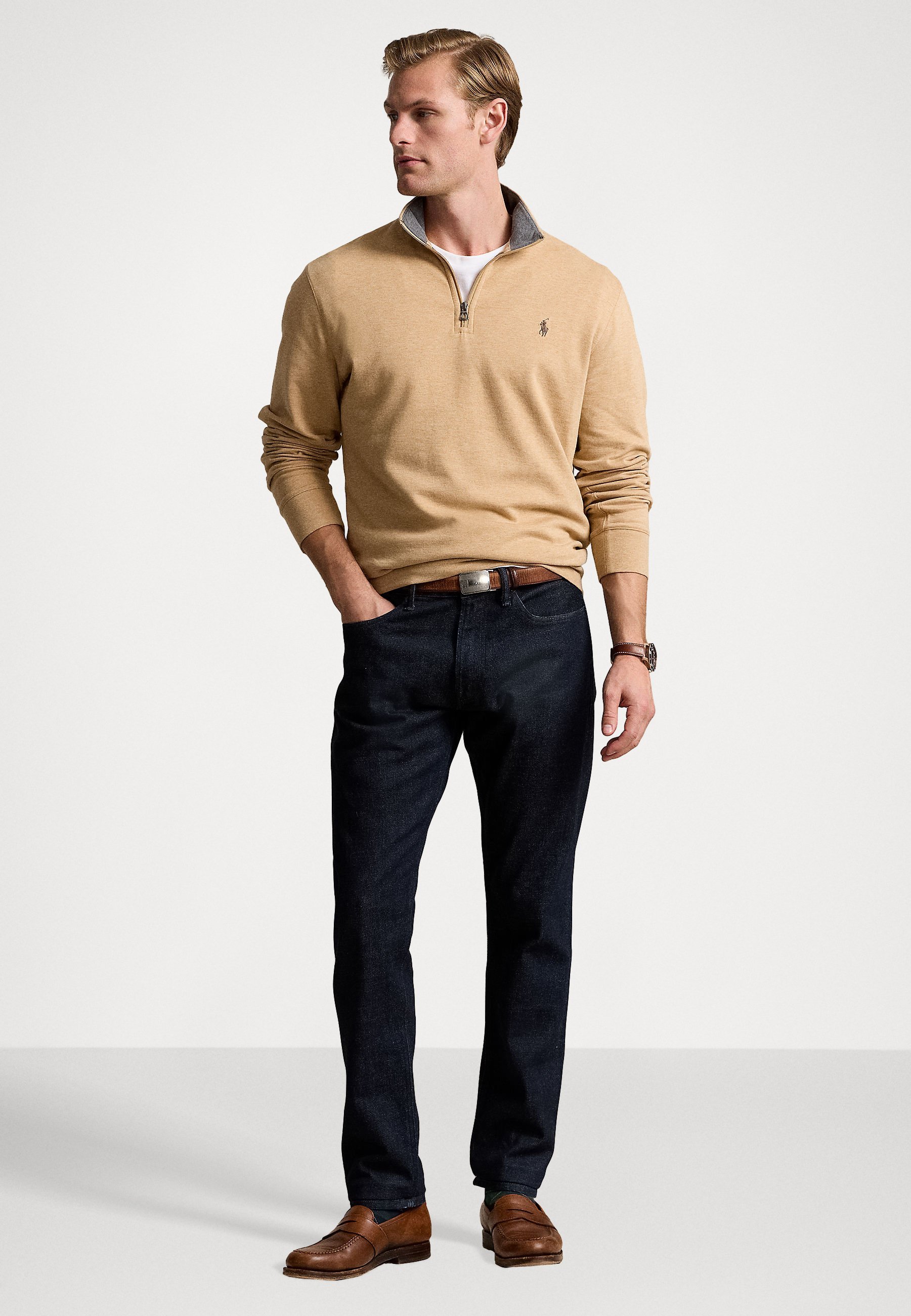 Felpa Polo Ralph Lauren LUXURY JERSEY con cerniera a un quarto - colore cammello classico mélange