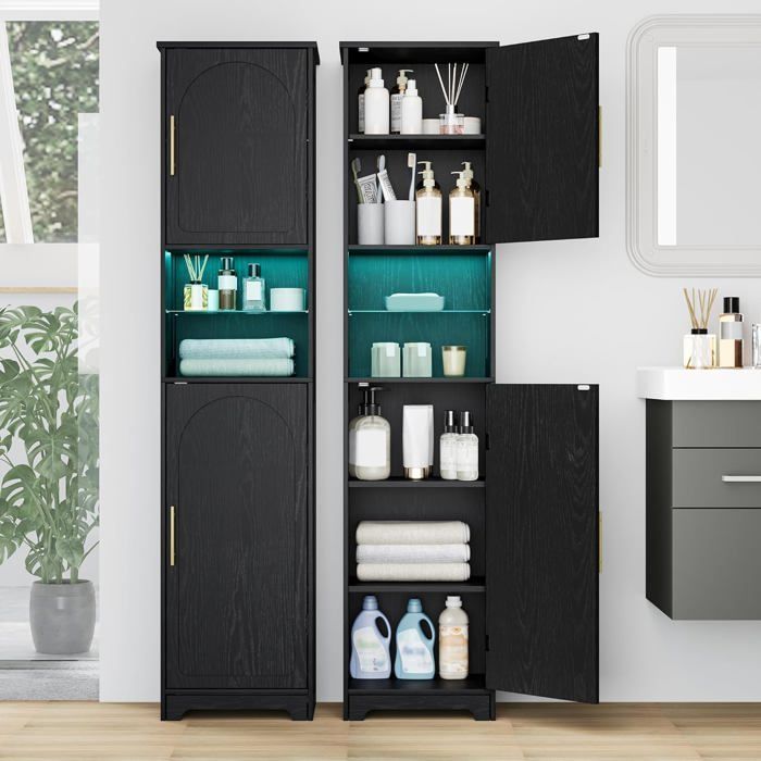 Mueble de baño con iluminación LED, dos puertas y estantes ajustables, ideal para baño, sala de estar o lavadero.