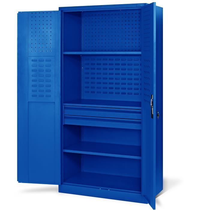 TC02AM Gereedschapskast, Werkplaatskast met lades, draaideuren, 3 planken, 185 x 92 x 50 cm (blauw)