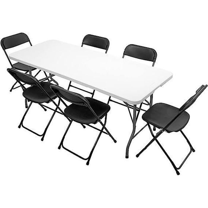 Set of 8 black plastic folding chairs, portable stackable commercial seating for indoor and outdoor use with steel frame