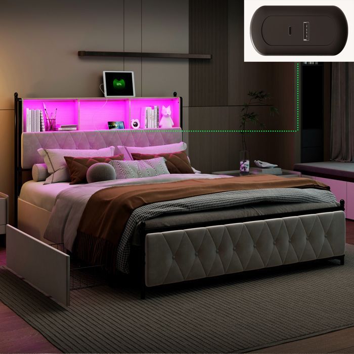 Lit double rembourré 180x200 avec rangement, lit capitonné avec LED, USB&Type-C, cadre de lit avec sommier à lattes, velours beige