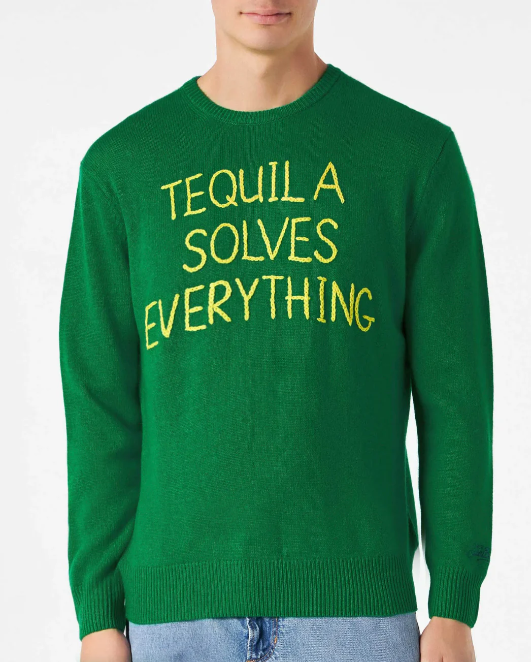 Maglione da uomo verde con ricamo Tequila solves everything