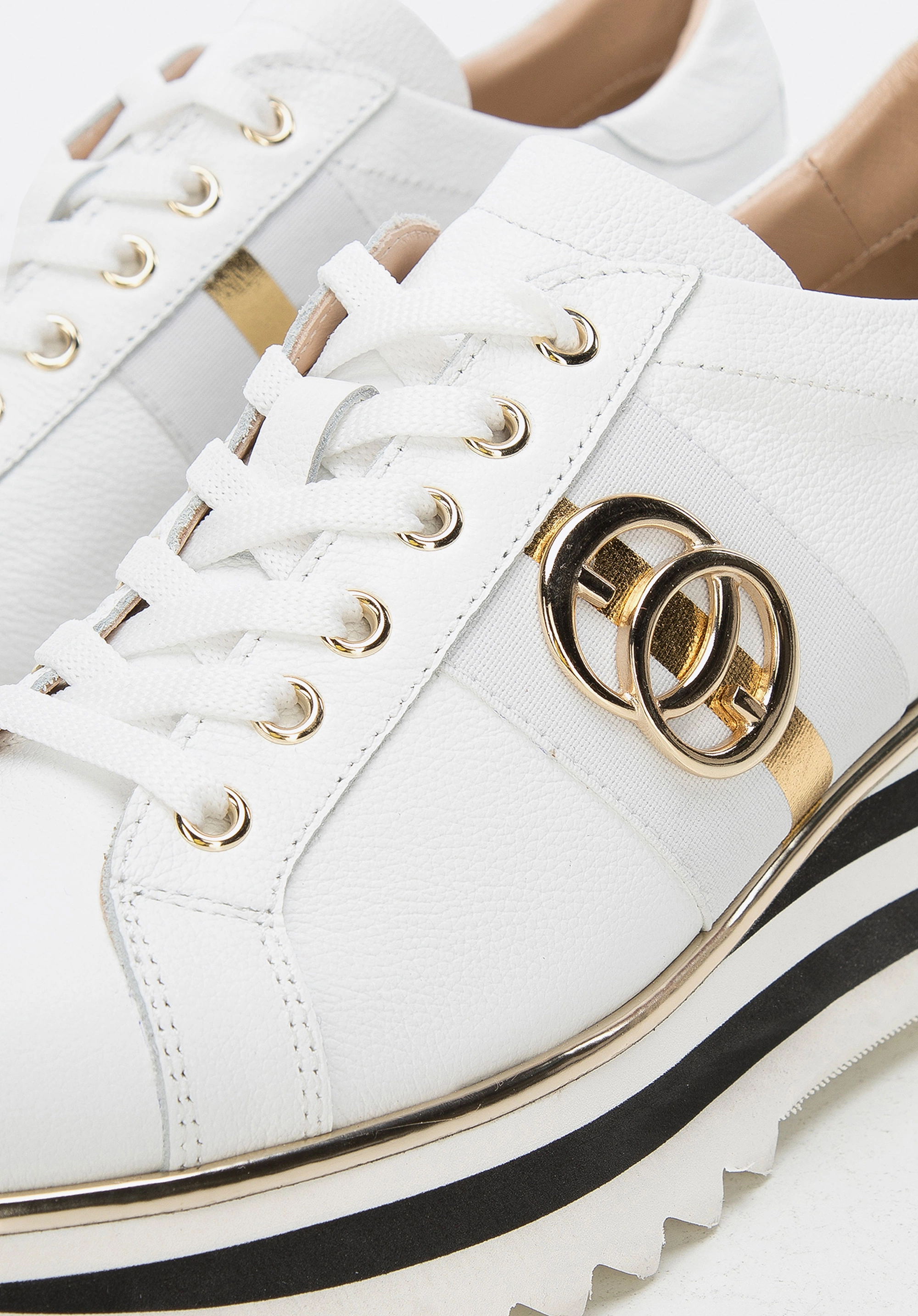 Damskie sneakersy skórzane z klamrą na platformie w pasy białe