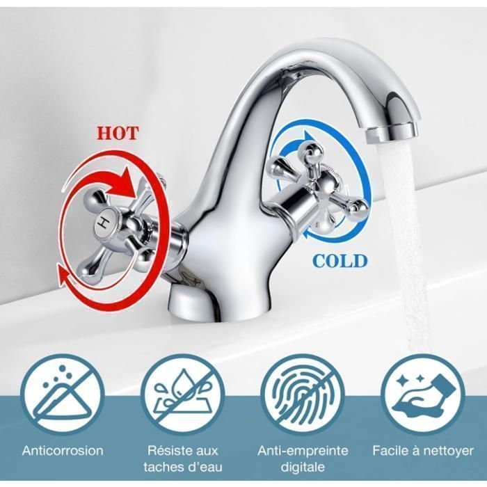 Robinet salle de Bain Fixe Chromé,Mitigeur Lavabo Double Poignée Eau Chaude et Froide Disponible