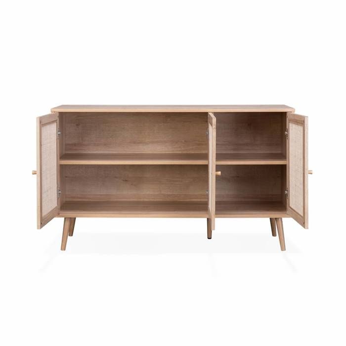 Buffet de rangement en cannage 120x39x70cm  - Bohème - 2 niveaux. 3 portes. pieds scandinaves. buffet bas