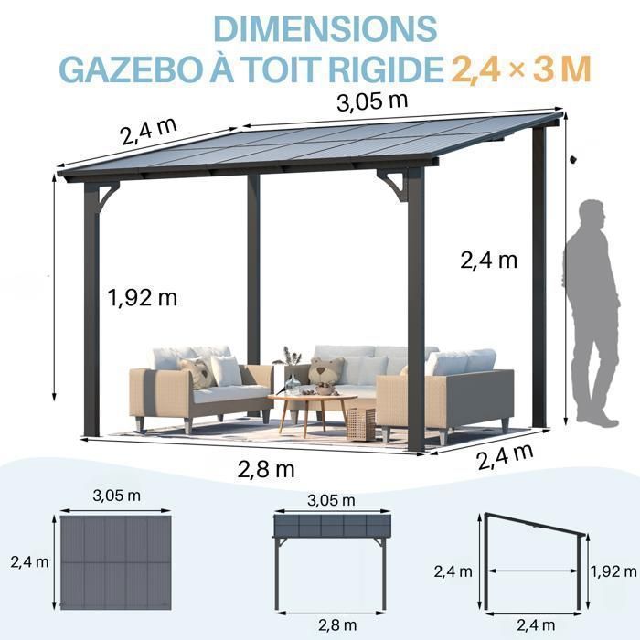 YODOLLA Pergola Murale en Aluminium et Polycarbonate - Résistante aux intempéries - 2.4x3M - Noir