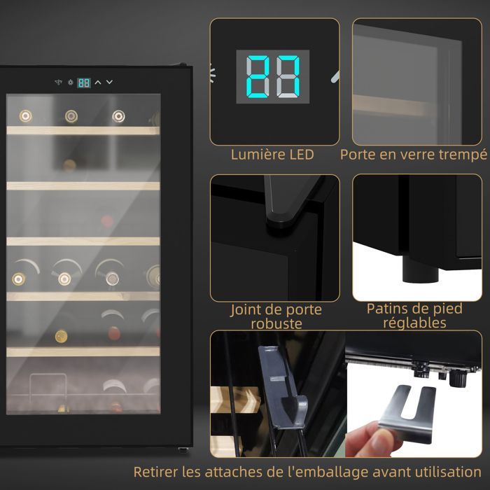 High-performance 65L wine cellar for 24 bottles, adjustable temperature 5-20°C, with LED light and touch control panel, black