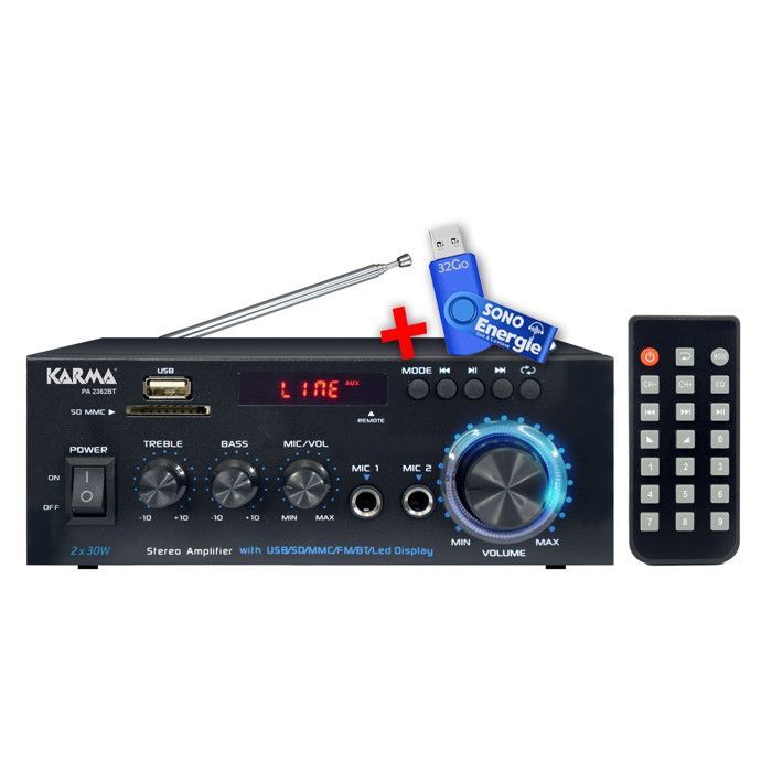 Karma PA-2362BT HiFi Stereoforstærker, 2 x 30W, USB, SD, Bluetooth, FM Radio, Fjernbetjening, 2 Mikrofonindgange + 32GB USB Flash Drive