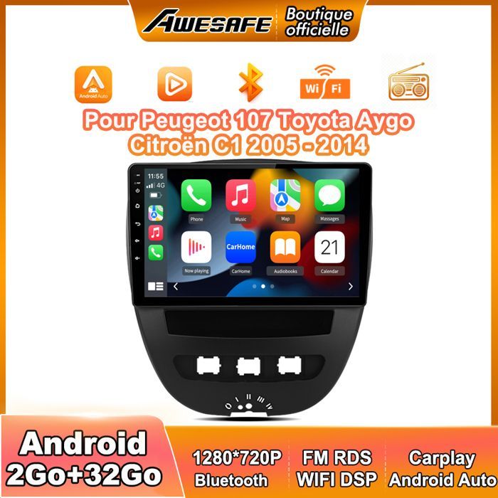 AWESAFE Android 13 Car Radio 2GB+32GB for Peugeot 107 Toyota Aygo Citroen C1 10 Inch with Carplay GPS WiFi Bluetooth Android Auto