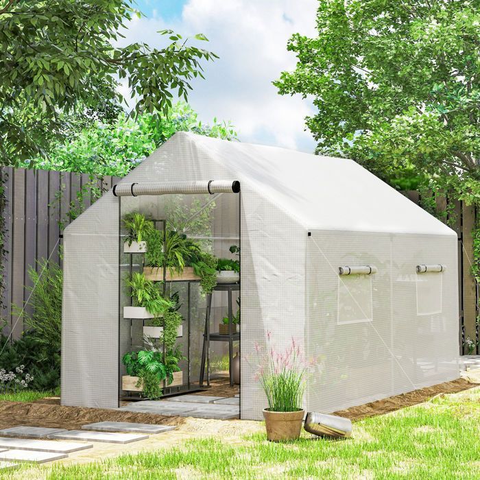 Outsunny Tunnelgewächshaus 2 x 3 m, 6 m² mit Rolltor, 4 Fenster – Verzinkter Stahl, hochdichtes PE, weiß