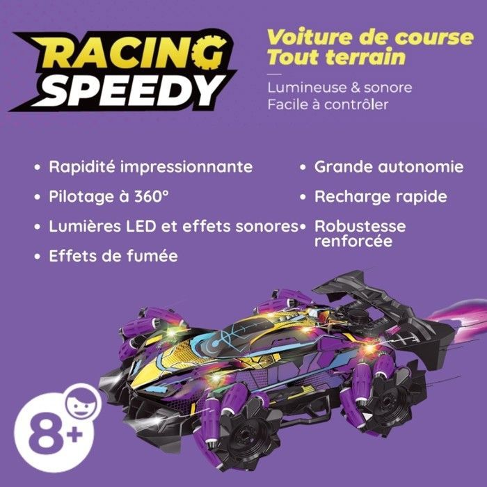 Racing Speedy - Voiture télécommandée de course avec gant de contrôle et manette - Véhicule rotation 360°, lumières LED et fumée